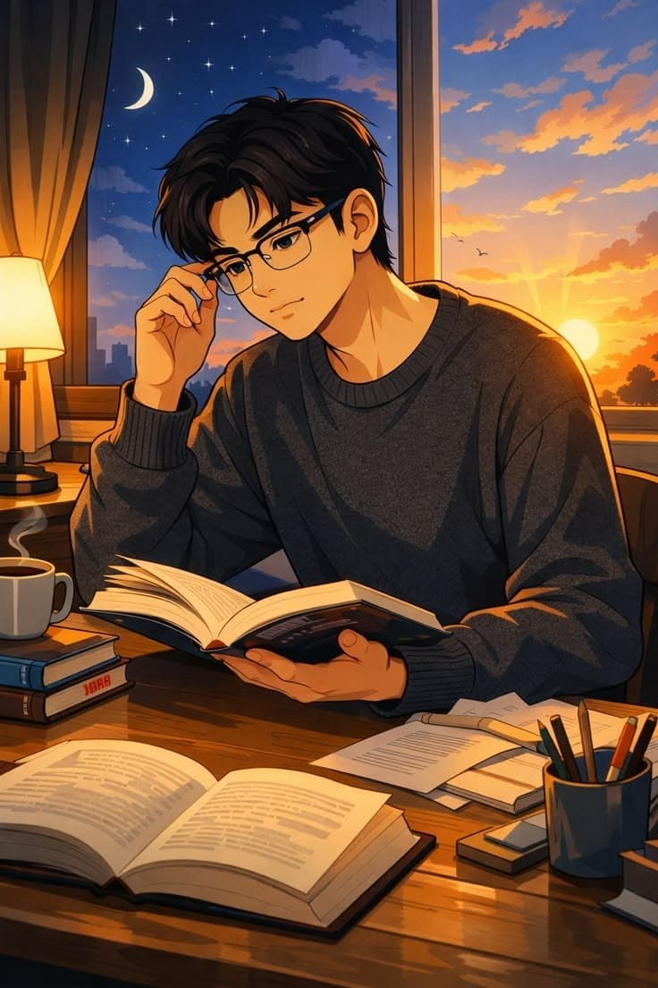 A reader with an open book by a window at sunset