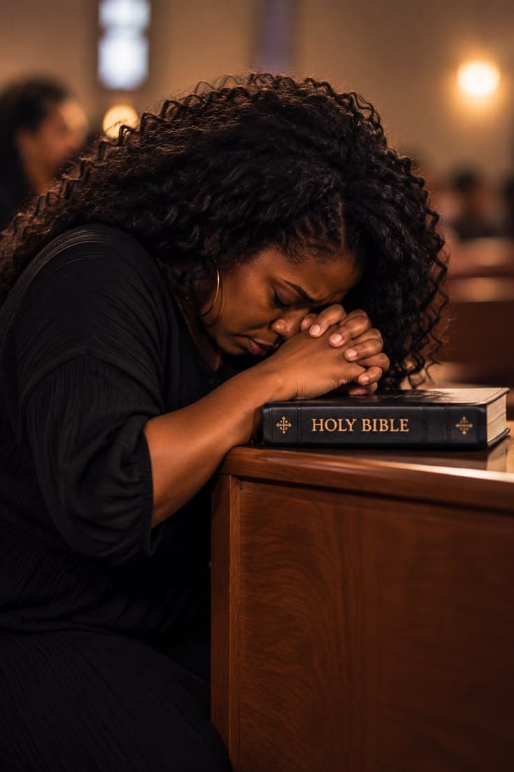 A woman praying beside a Holy Bible